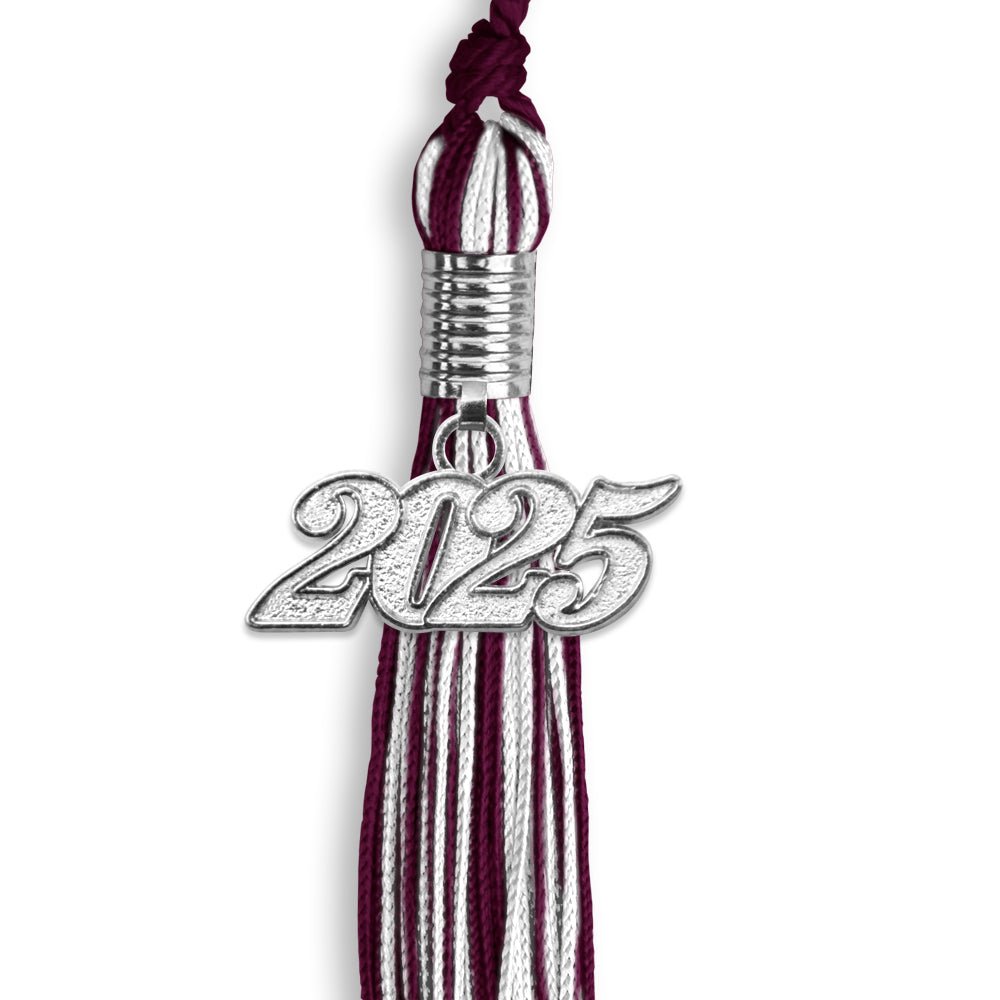 Maroon/White Mixed Color Graduation Tassel with Silver Bling Charm by Wholesale Grad Supply