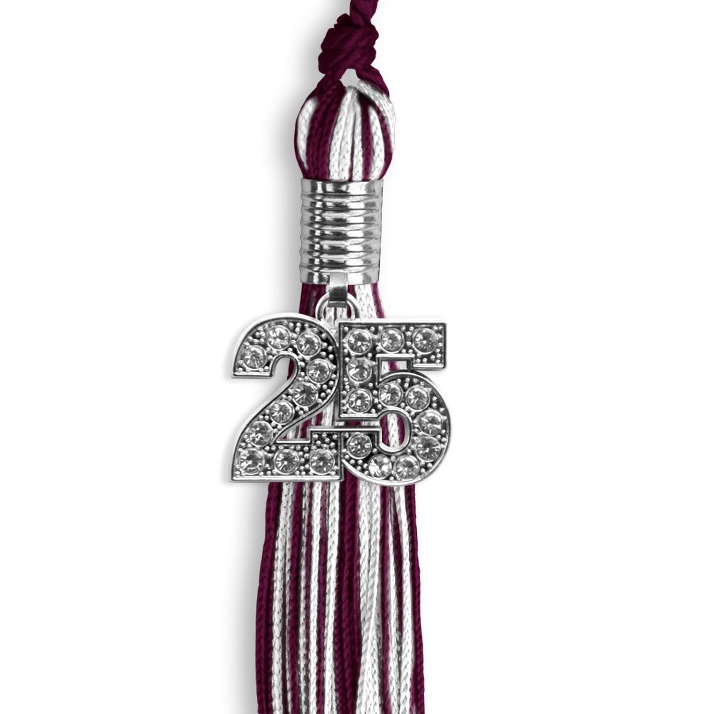 Maroon/White Mixed Color Graduation Tassel with Silver Bling Charm by Wholesale Grad Supply