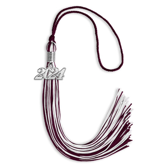 Maroon/White Mixed Color Graduation Tassel with Silver Bling Charm by Wholesale Grad Supply