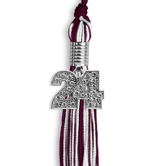 Maroon/White Mixed Color Graduation Tassel with Silver Bling Charm by Wholesale Grad Supply