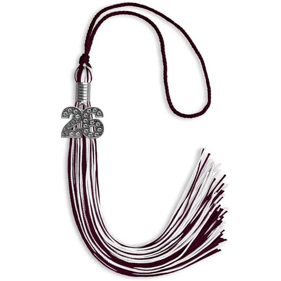 Maroon/White Mixed Color Graduation Tassel with Silver Bling Charm by Wholesale Grad Supply