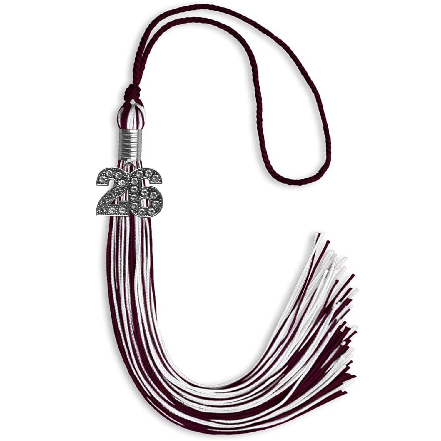 Maroon/White Mixed Color Graduation Tassel with Silver Bling Charm by Wholesale Grad Supply