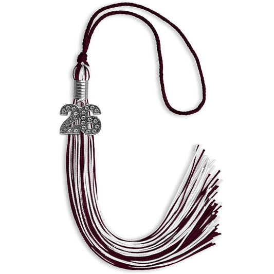 Maroon/White Mixed Color Graduation Tassel with Silver Bling Charm by Wholesale Grad Supply