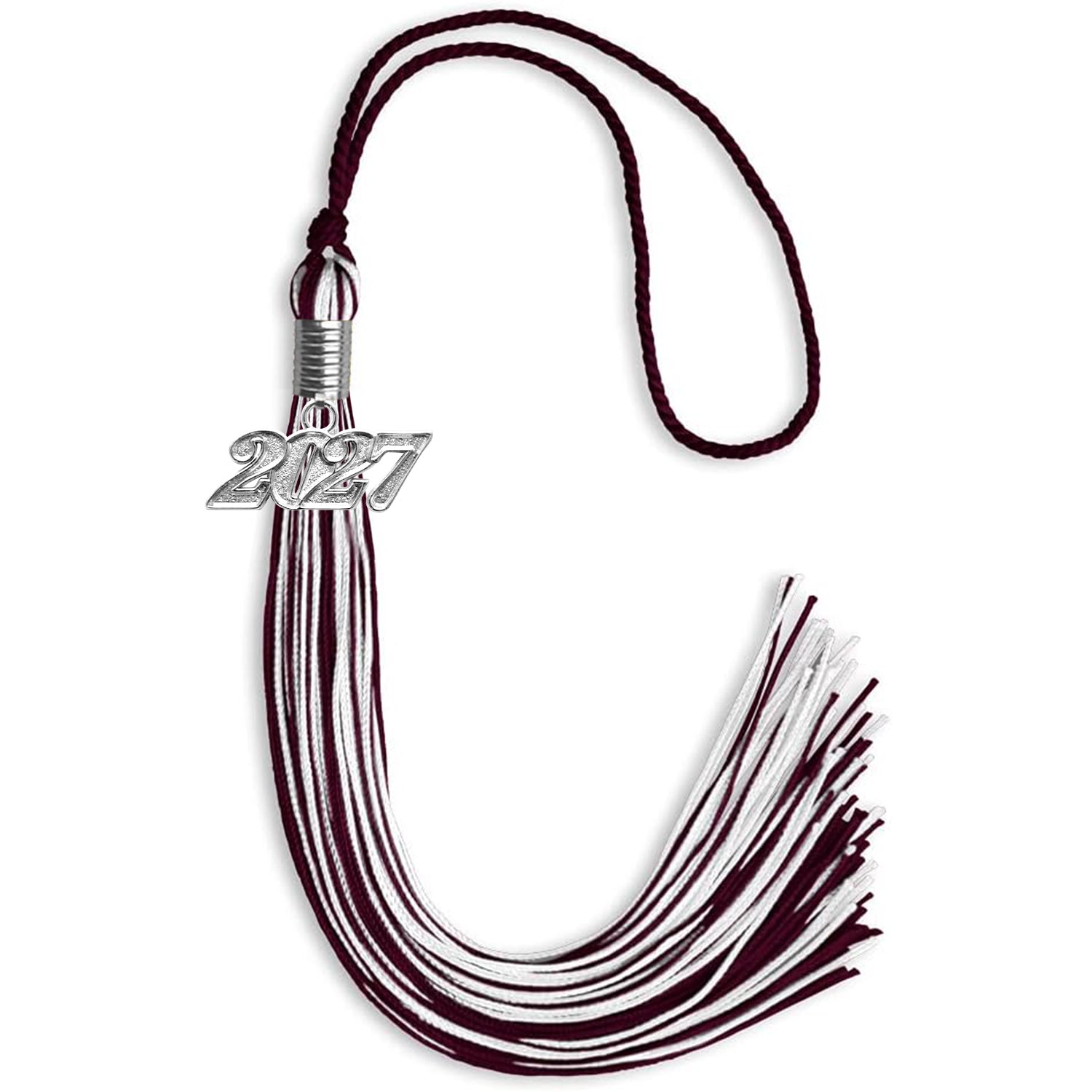 Maroon/White Mixed Color Graduation Tassel with Silver Bling Charm by Wholesale Grad Supply
