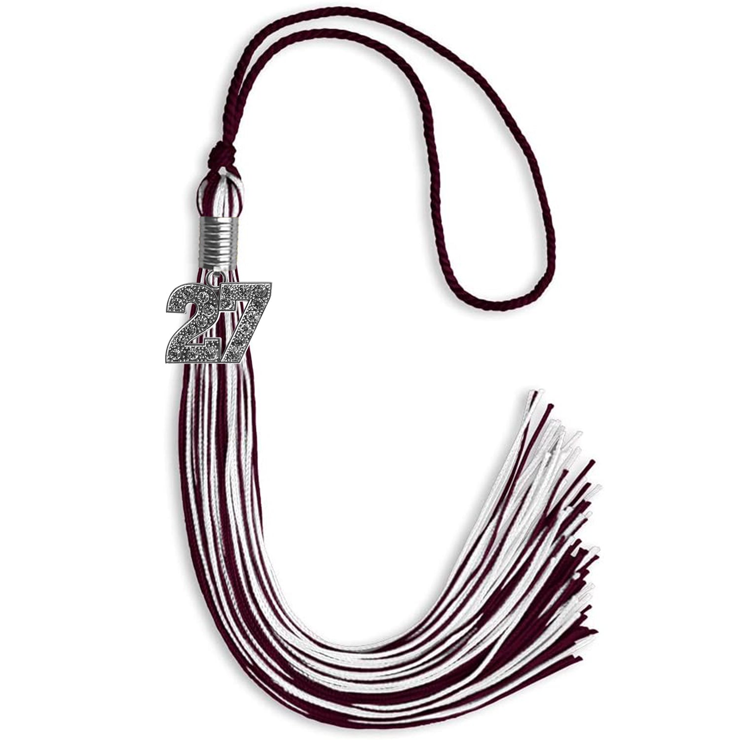 Maroon/White Mixed Color Graduation Tassel with Silver Bling Charm by Wholesale Grad Supply