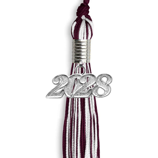 Maroon/White Mixed Color Graduation Tassel with Silver Bling Charm by Wholesale Grad Supply