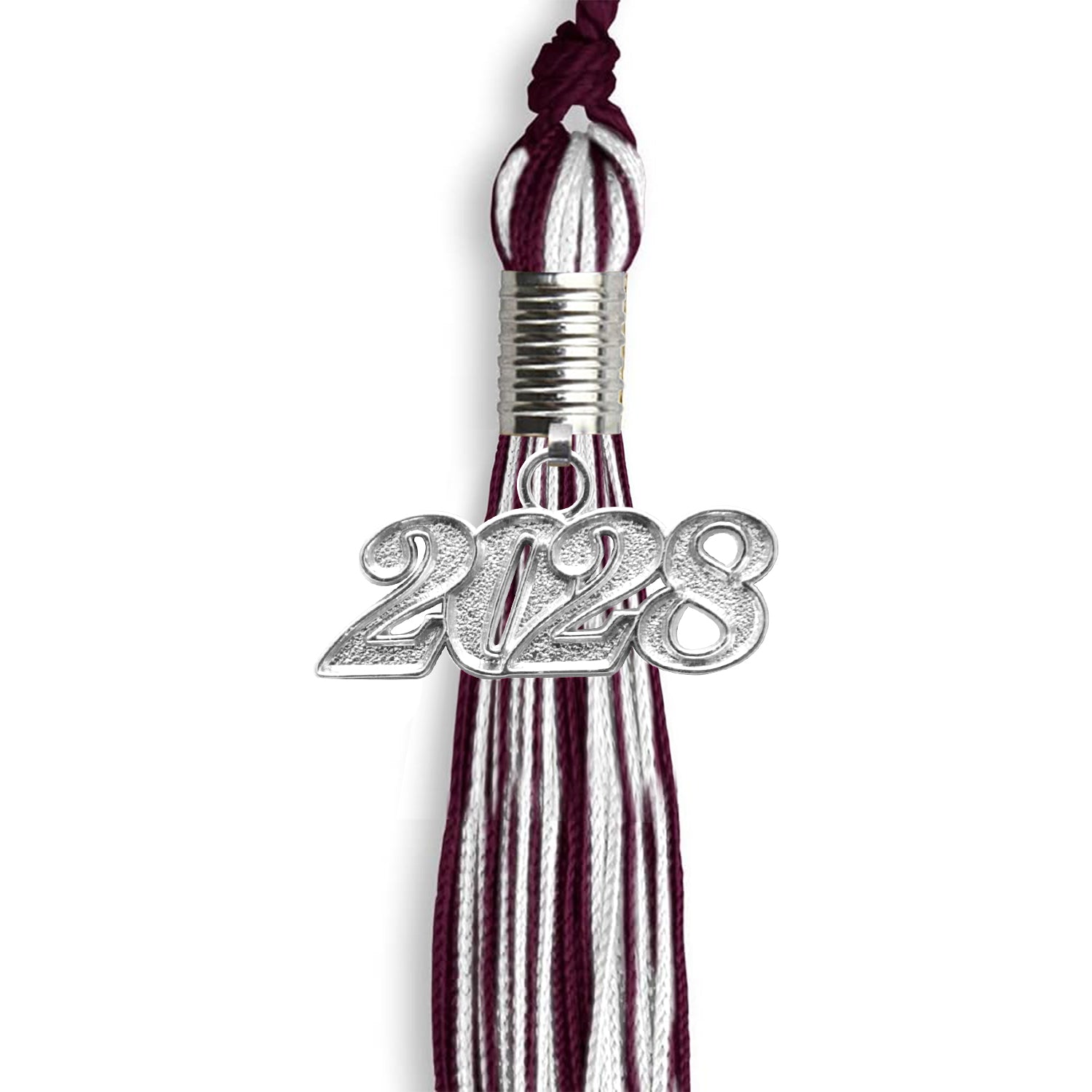Maroon/White Mixed Color Graduation Tassel with Silver Bling Charm by Wholesale Grad Supply