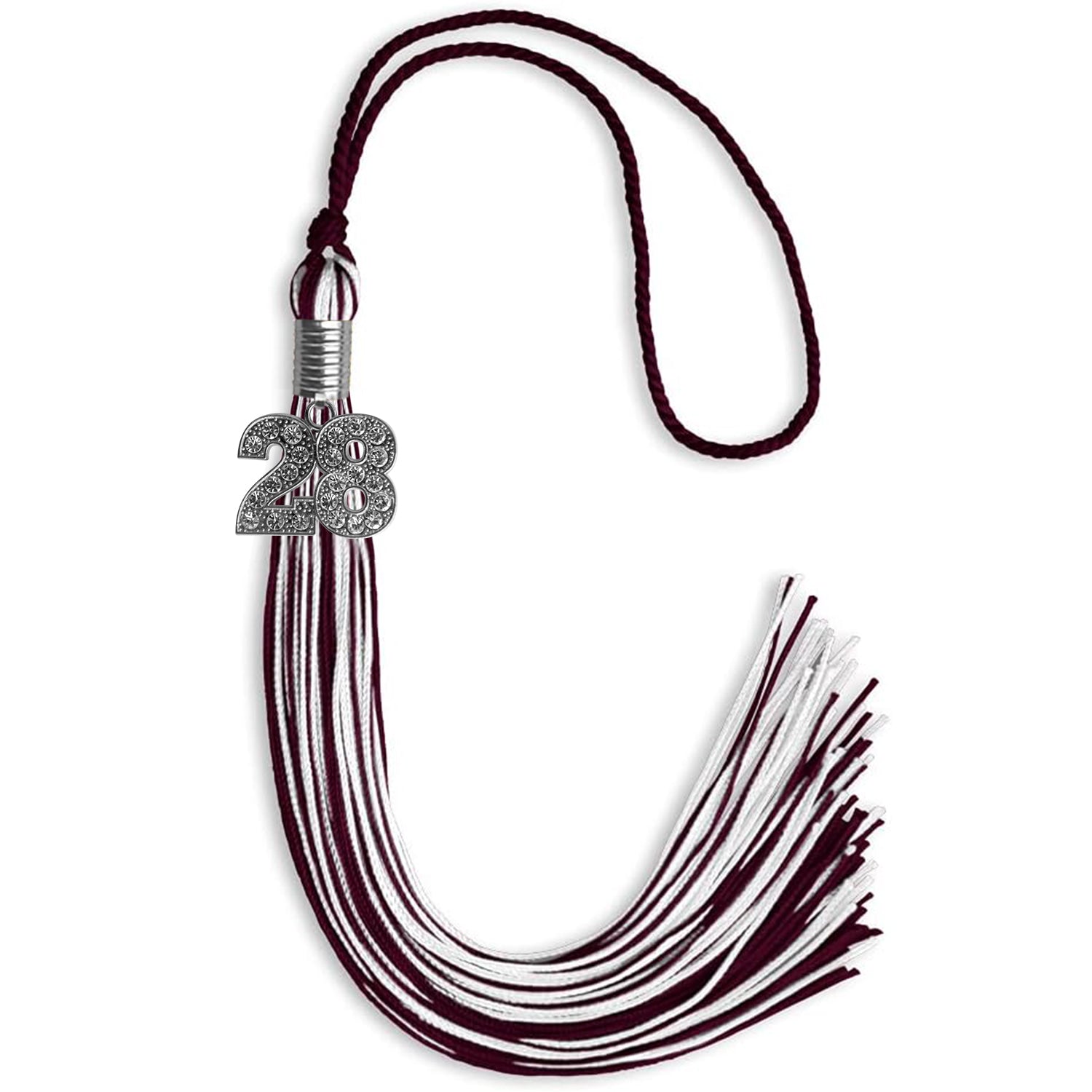 Maroon/White Mixed Color Graduation Tassel with Silver Bling Charm by Wholesale Grad Supply