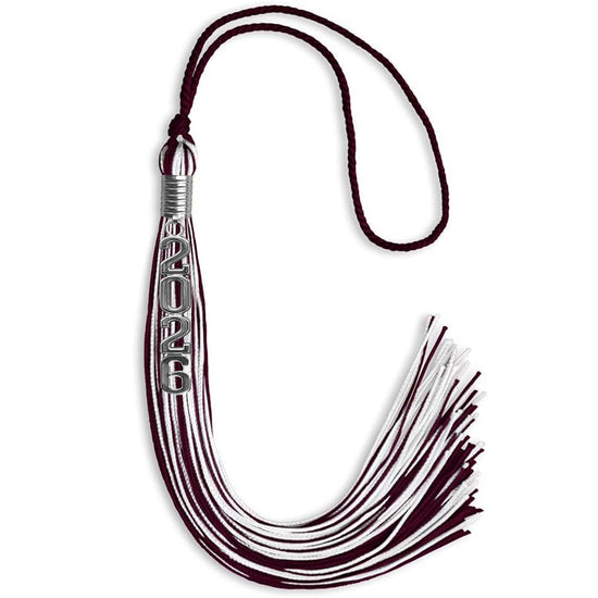 Maroon/White Mixed Color Graduation Tassel with Stacked Silver Date Drop by Wholesale Grad Supply