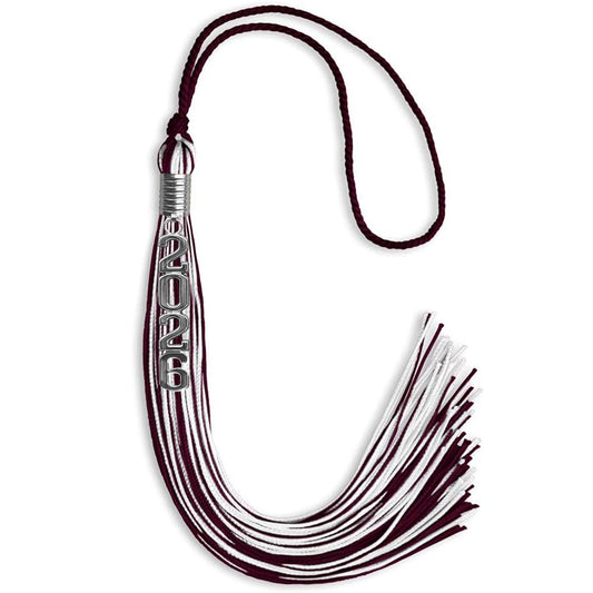 Maroon/White Mixed Color Graduation Tassel with Stacked Silver Date Drop by Wholesale Grad Supply