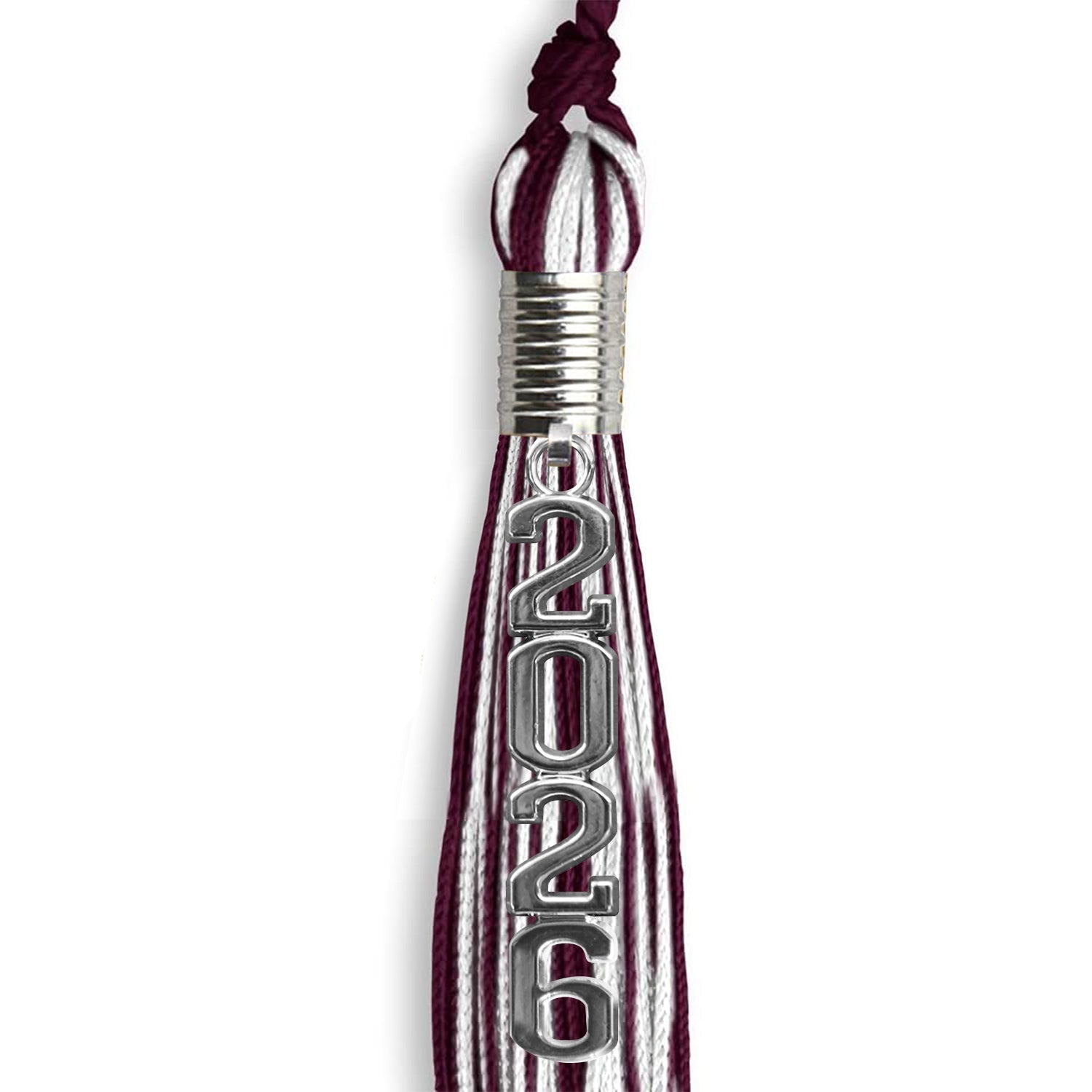 Maroon/White Mixed Color Graduation Tassel with Stacked Silver Date Drop by Wholesale Grad Supply