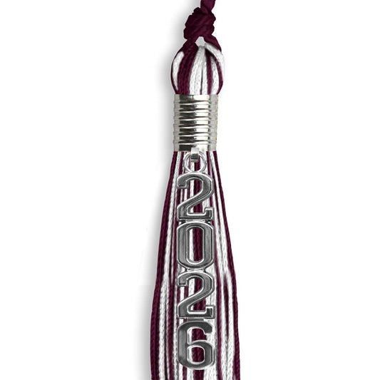Maroon/White Mixed Color Graduation Tassel with Stacked Silver Date Drop by Wholesale Grad Supply