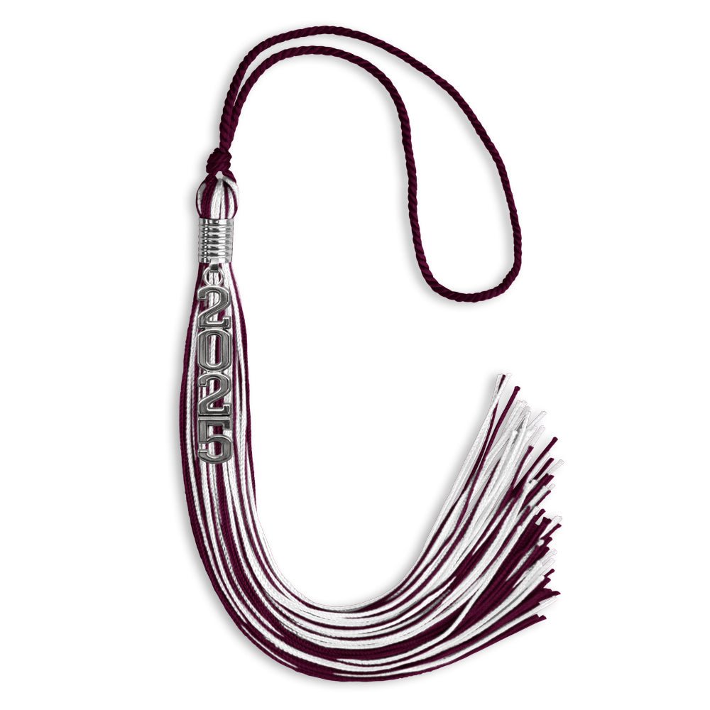 Maroon/White Mixed Color Graduation Tassel with Stacked Silver Date Drop by Wholesale Grad Supply