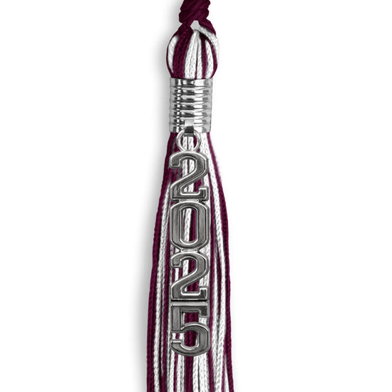 Maroon/White Mixed Color Graduation Tassel with Stacked Silver Date Drop by Wholesale Grad Supply