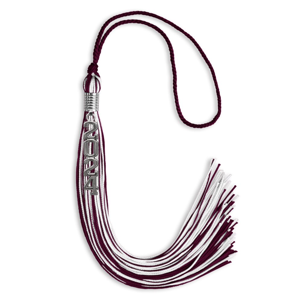 Maroon/White Mixed Color Graduation Tassel with Stacked Silver Date Drop by Wholesale Grad Supply