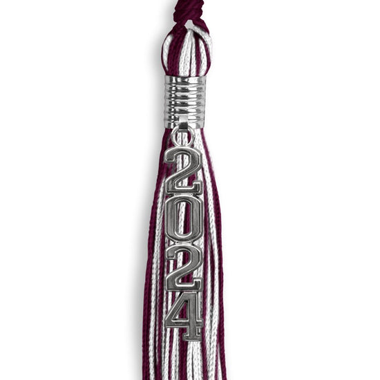Maroon/White Mixed Color Graduation Tassel with Stacked Silver Date Drop by Wholesale Grad Supply