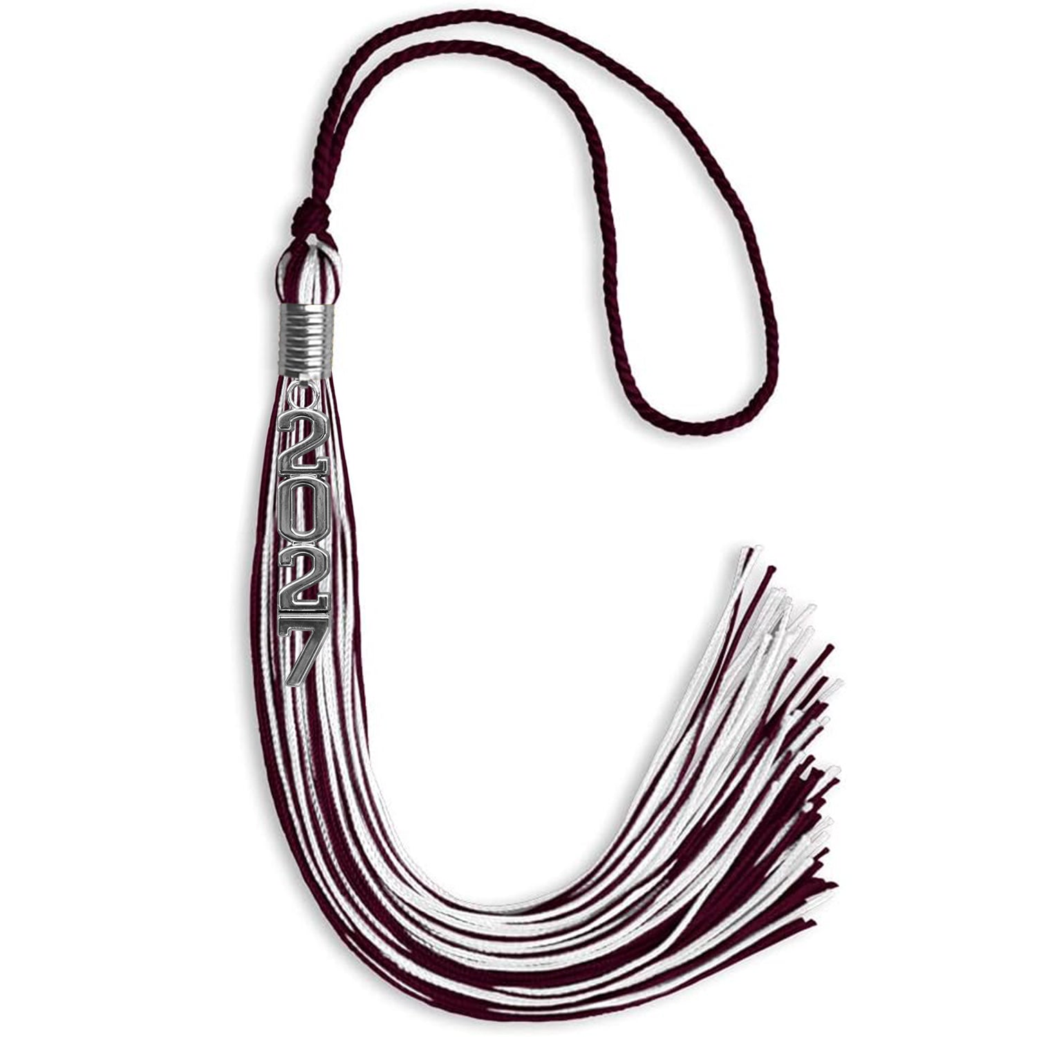 Maroon/White Mixed Color Graduation Tassel with Stacked Silver Date Drop by Wholesale Grad Supply