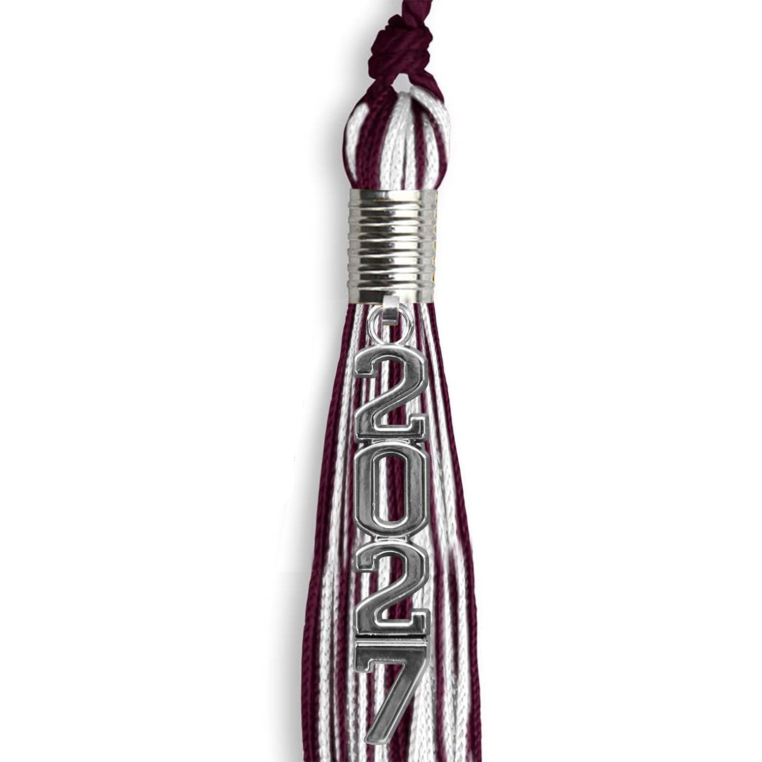 Maroon/White Mixed Color Graduation Tassel with Stacked Silver Date Drop by Wholesale Grad Supply
