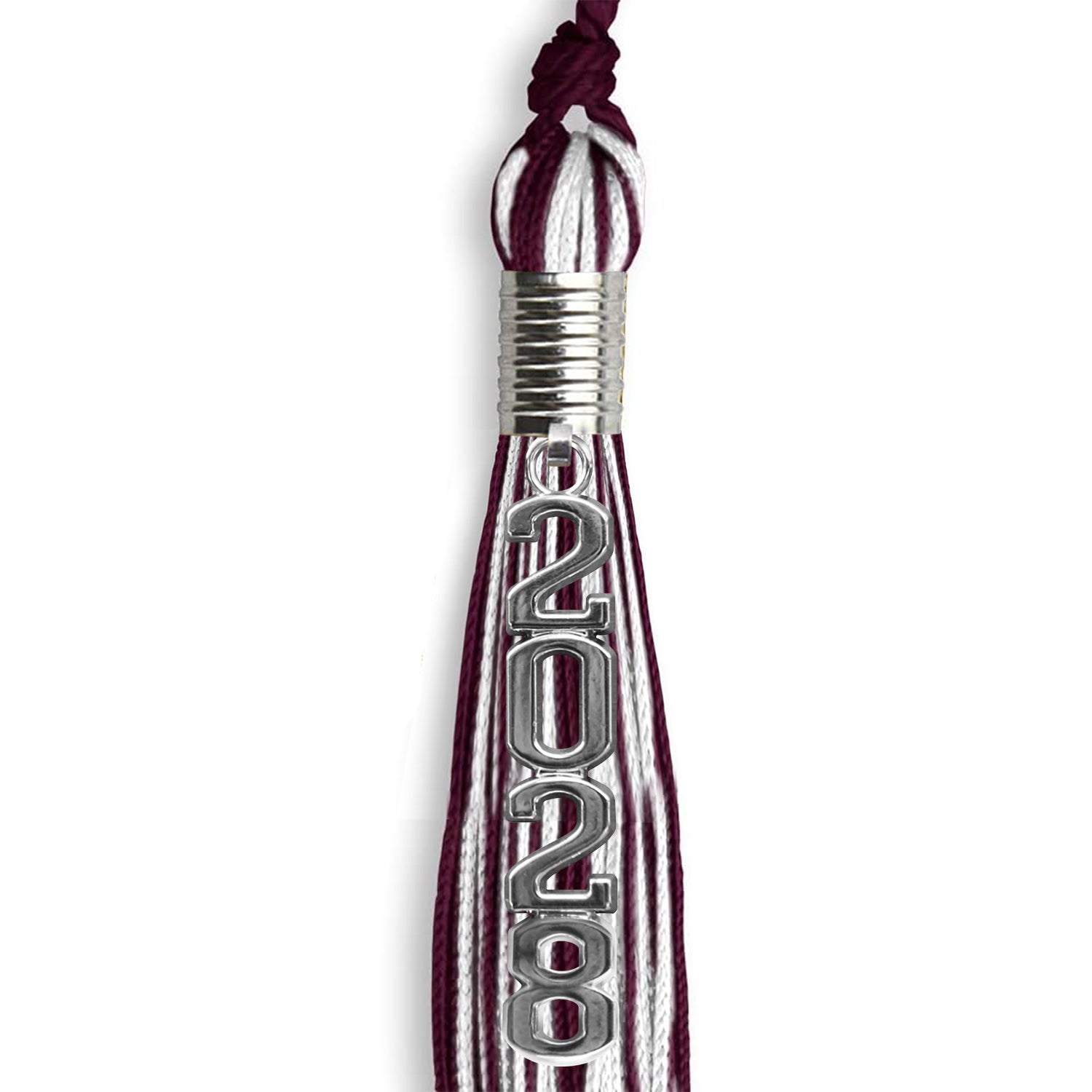 Maroon/White Mixed Color Graduation Tassel with Stacked Silver Date Drop by Wholesale Grad Supply