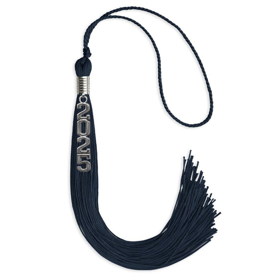 Navy Blue Graduation Tassel with Silver Stacked Date Drop by Wholesale Grad Supply