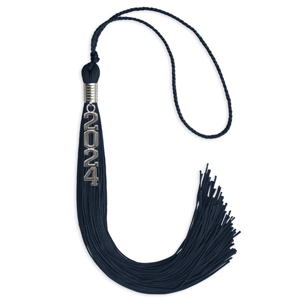 Navy Blue Graduation Tassel with Silver Stacked Date Drop by Wholesale Grad Supply