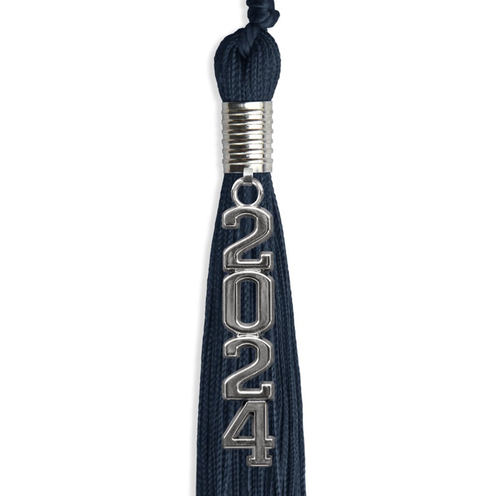 Navy Blue Graduation Tassel with Silver Stacked Date Drop by Wholesale Grad Supply