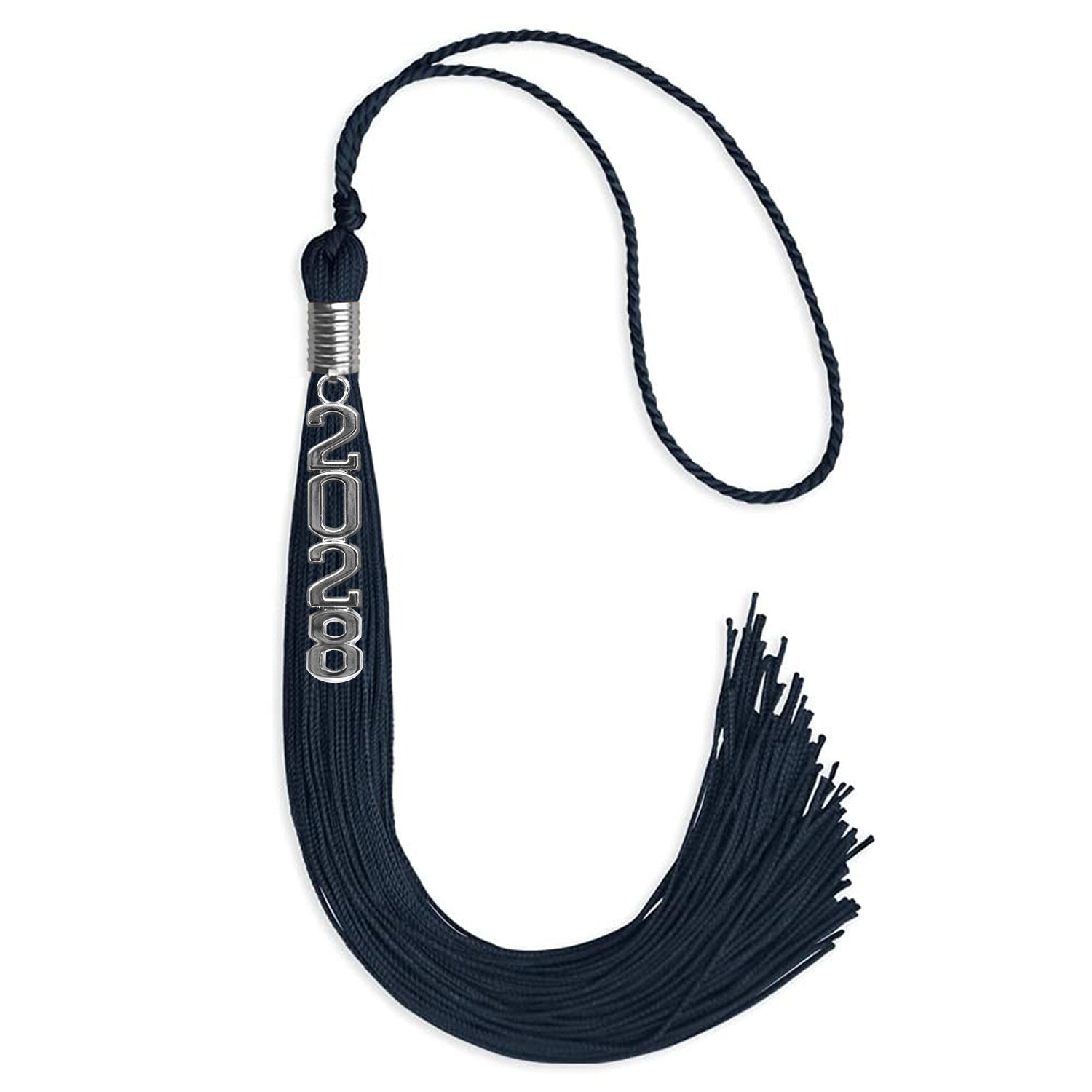 Navy Blue Graduation Tassel with Silver Stacked Date Drop by Wholesale Grad Supply