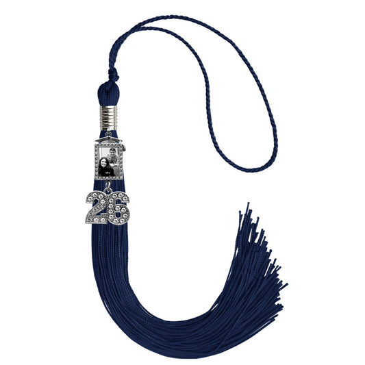 Navy Blue Tassel with Photo Frame Charm and Bling Charm by Wholesale Grad Supply