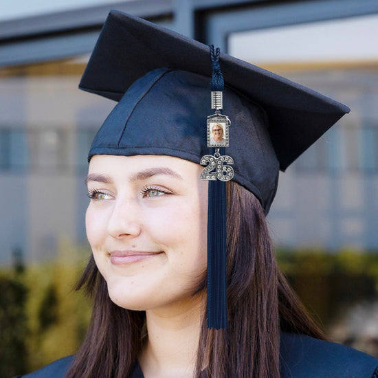 Navy Blue Tassel with Photo Frame Charm and Bling Charm by Wholesale Grad Supply