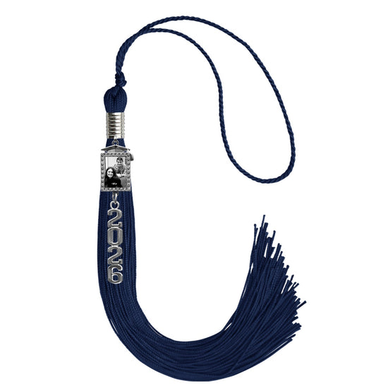 Navy Blue Tassel with Photo Frame Charm and Stacked Date Drop by Wholesale Grad Supply