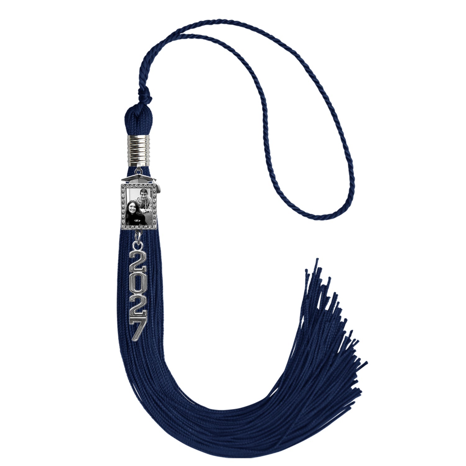 Navy Blue Tassel with Photo Frame Charm and Stacked Date Drop by Wholesale Grad Supply