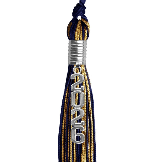 Navy Blue/Antique Gold Mixed Color Graduation Tassel with Stacked Silver Date Drop by Wholesale Grad Supply