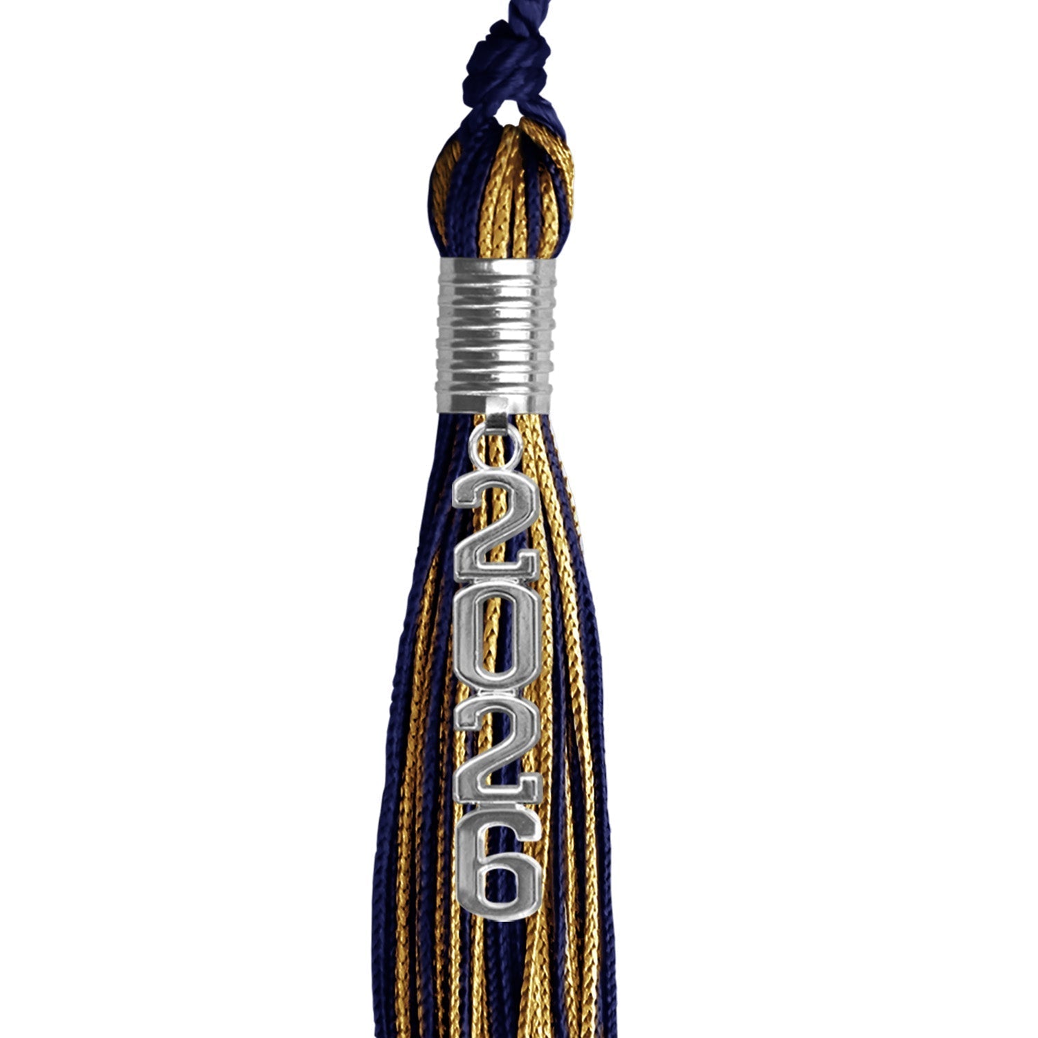 Navy Blue/Antique Gold Mixed Color Graduation Tassel with Stacked Silver Date Drop by Wholesale Grad Supply