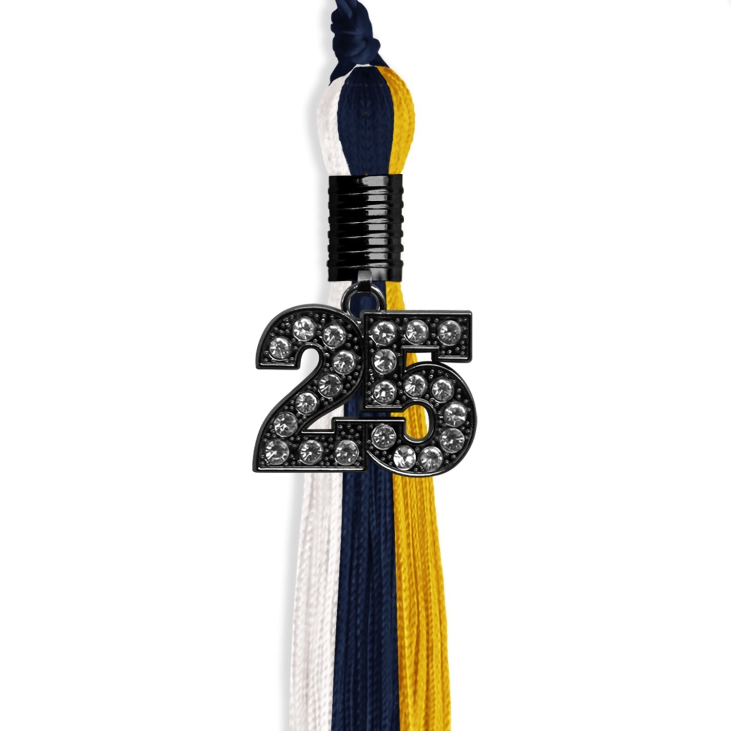 Navy Blue/Gold/White Graduation Tassel with Black Bling Charm by Wholesale Grad Supply