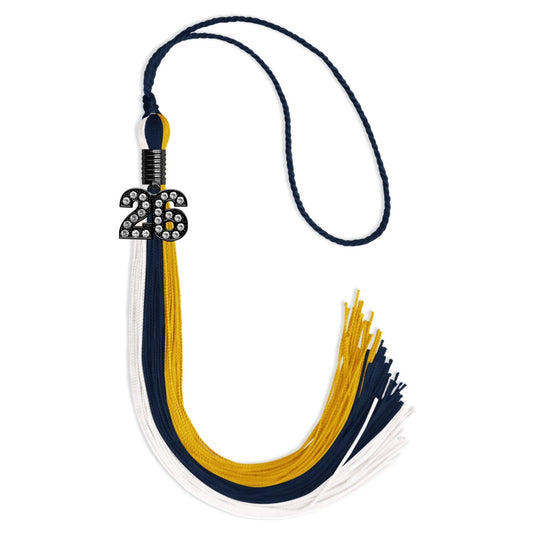 Navy Blue/Gold/White Graduation Tassel with Black Bling Charm by Wholesale Grad Supply