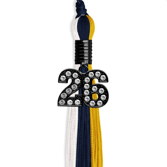 Navy Blue/Gold/White Graduation Tassel with Black Bling Charm by Wholesale Grad Supply
