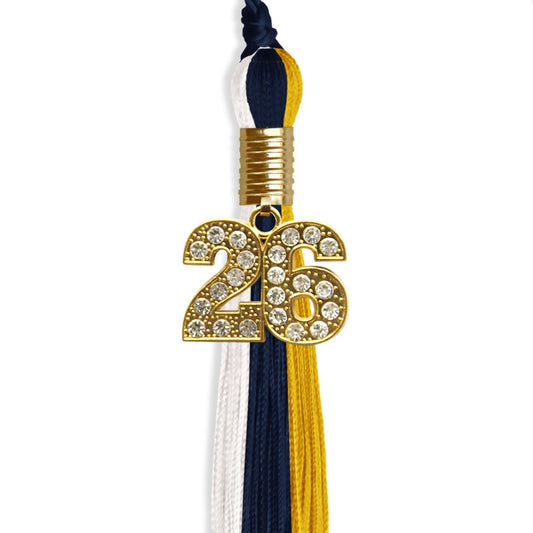 Navy Blue/Gold/White Graduation Tassel with Gold Bling Charm by Wholesale Grad Supply