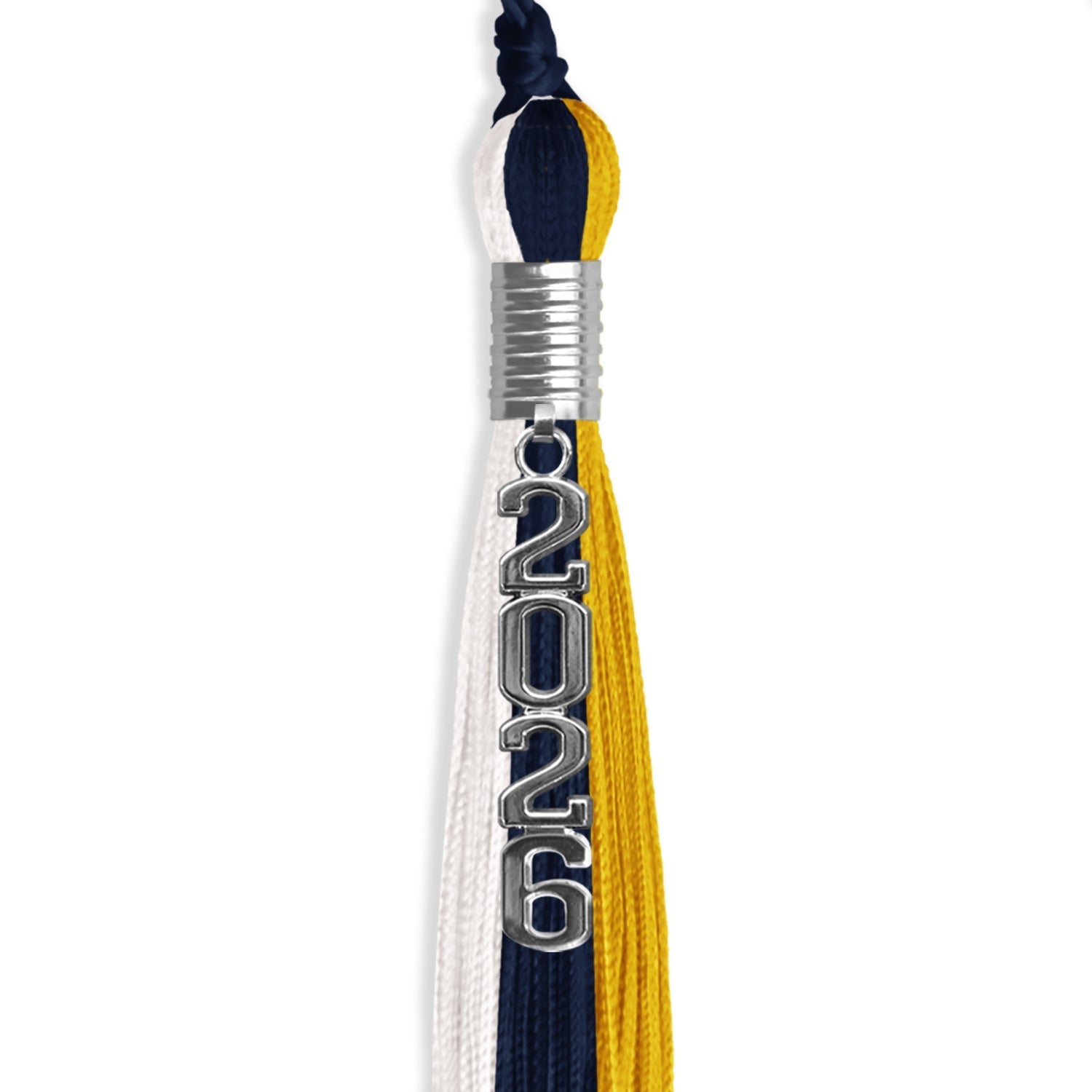Navy Blue/Gold/White Graduation Tassel with Silver Stacked Date Drop by Wholesale Grad Supply