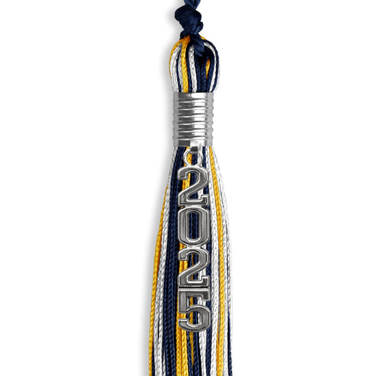 Navy Blue/Gold/White Mixed Color Graduation Tassel with Silver Stacked Date Drop by Wholesale Grad Supply