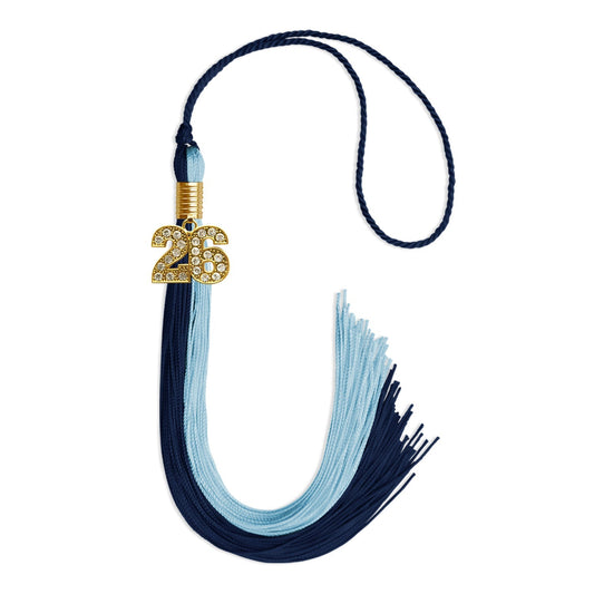 Navy Blue/Light Blue Graduation Tassel with Gold Bling Charm by Wholesale Grad Supply