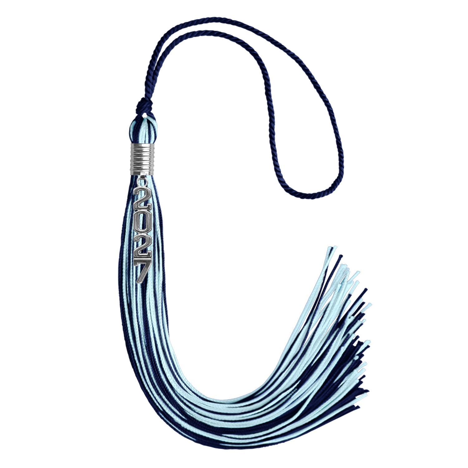 Navy Blue/Light Blue Mixed Color Graduation Tassel with Stacked Silver Date Drop by Wholesale Grad Supply