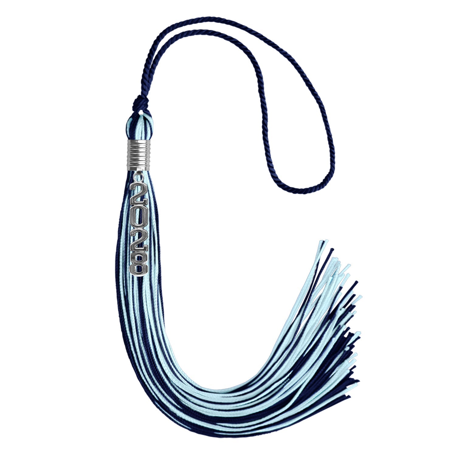 Navy Blue/Light Blue Mixed Color Graduation Tassel with Stacked Silver Date Drop by Wholesale Grad Supply