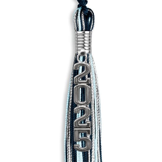 Navy Blue/Light Blue/Silver Mixed Color Graduation Tassel with Silver Stacked Date Drop by Wholesale Grad Supply