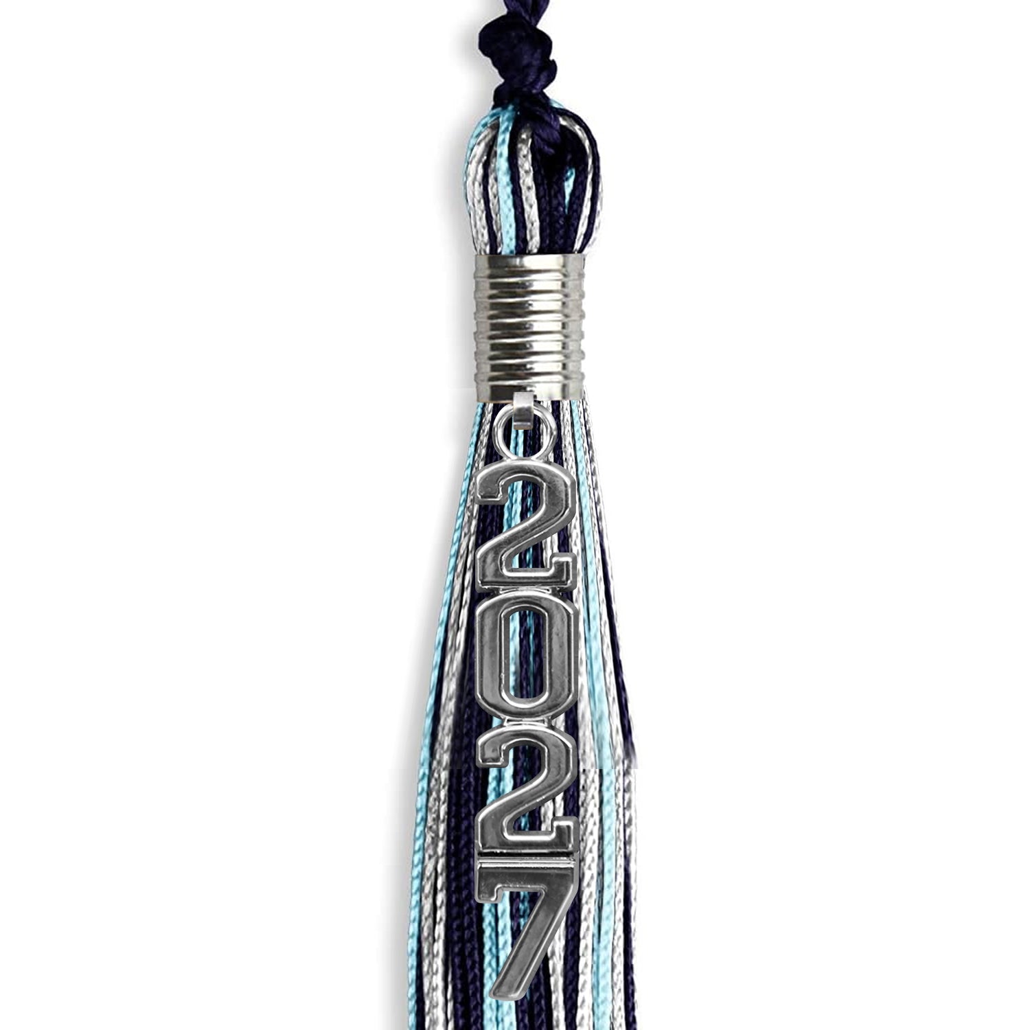 Navy Blue/Light Blue/Silver Mixed Color Graduation Tassel with Silver Stacked Date Drop by Wholesale Grad Supply
