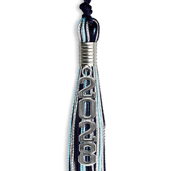 Navy Blue/Light Blue/Silver Mixed Color Graduation Tassel with Silver Stacked Date Drop by Wholesale Grad Supply