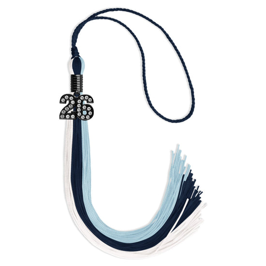 Navy Blue/Light Blue/White Graduation Tassel with Black Bling Charm by Wholesale Grad Supply