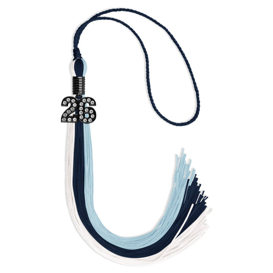 Navy Blue/Light Blue/White Graduation Tassel with Black Bling Charm by Wholesale Grad Supply