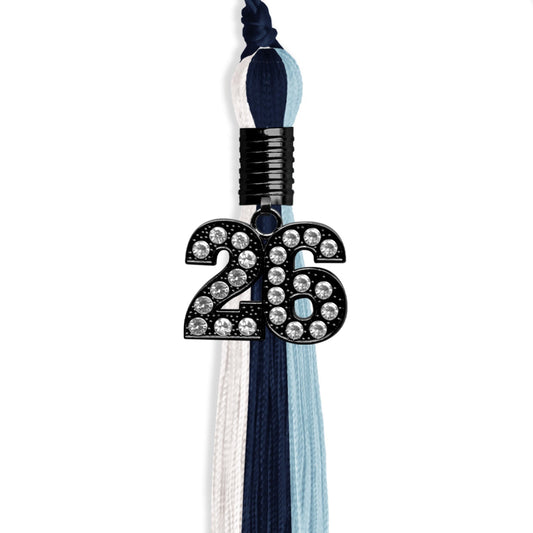 Navy Blue/Light Blue/White Graduation Tassel with Black Bling Charm by Wholesale Grad Supply