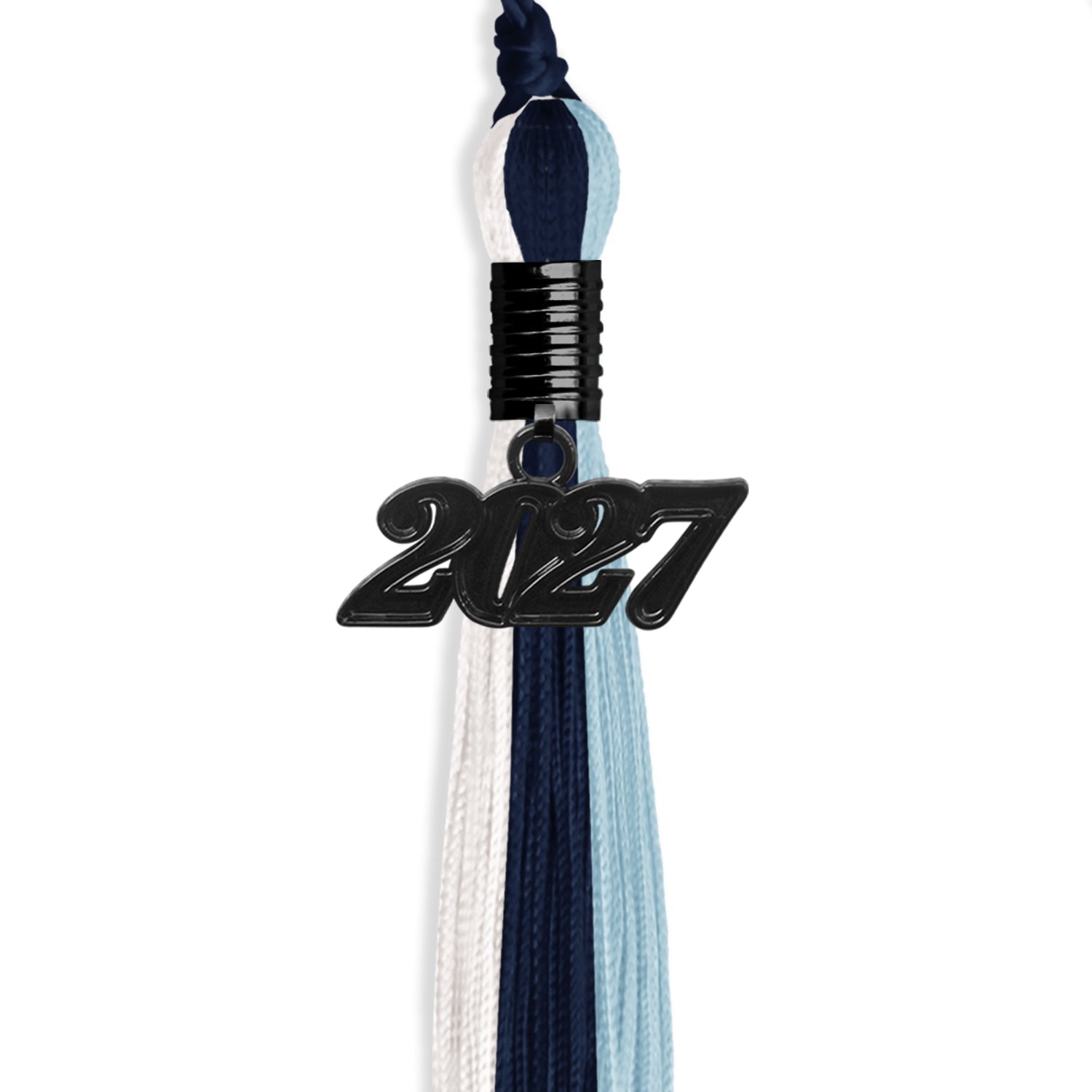 Navy Blue/Light Blue/White Graduation Tassel with Black Bling Charm by Wholesale Grad Supply