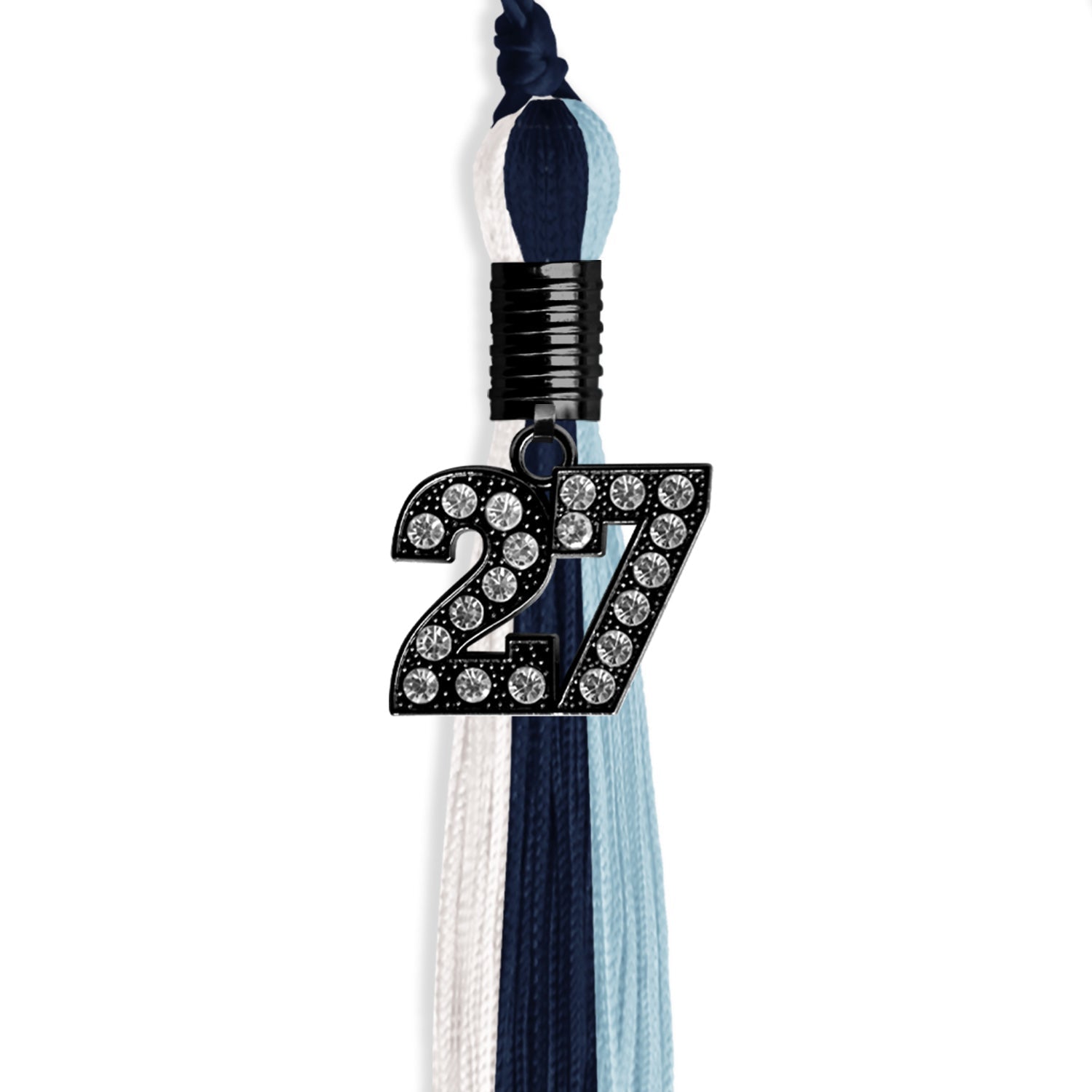 Navy Blue/Light Blue/White Graduation Tassel with Black Bling Charm by Wholesale Grad Supply